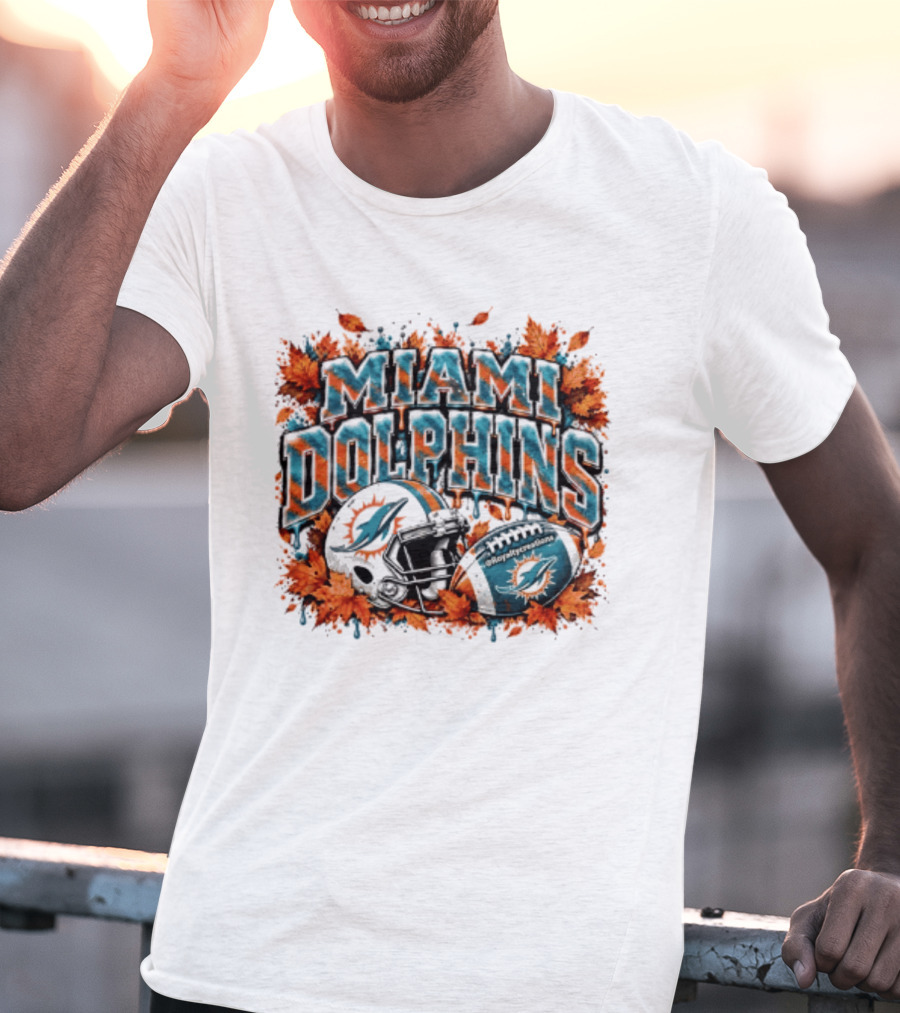 Miami Dolphins Football Helmet Autumn Leaves Halloween 2026 T-Shirt