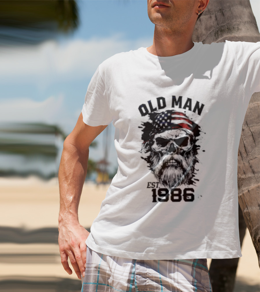 Old Man Est 1986 Skull American Flag Bandana T-Shirt