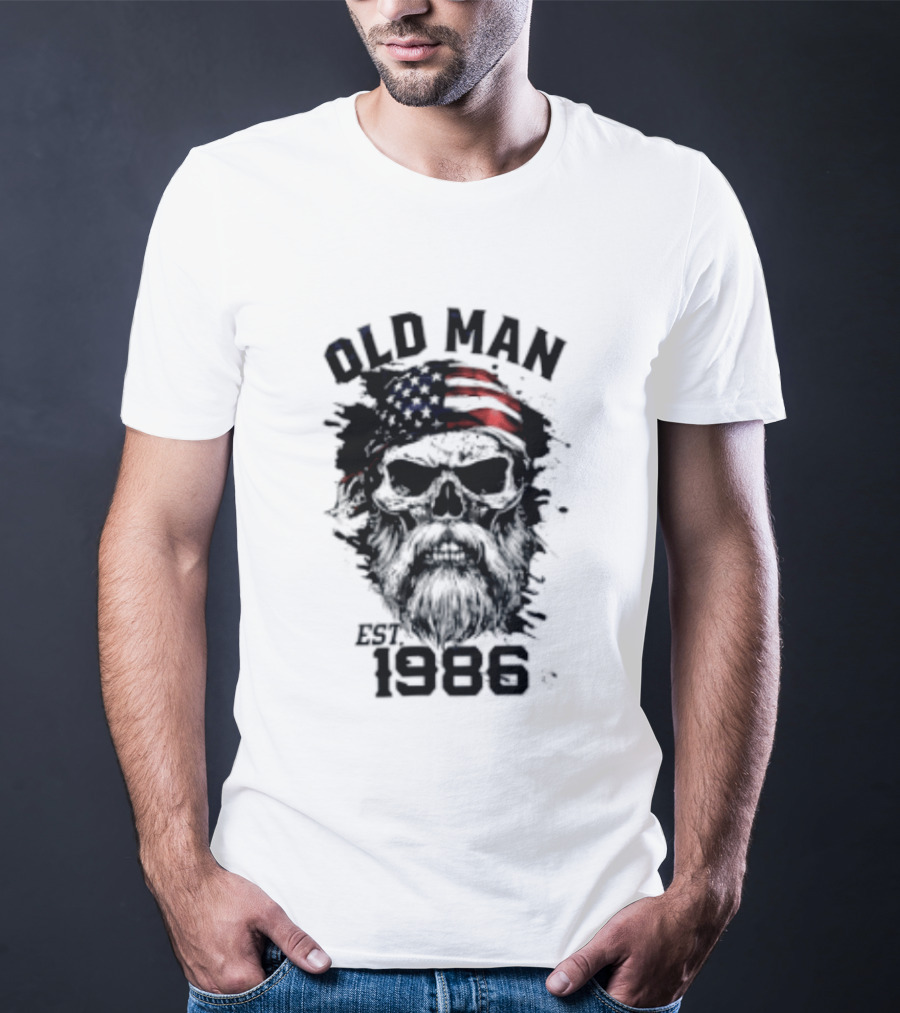Old Man Est 1986 Skull American Flag Bandana T-Shirt