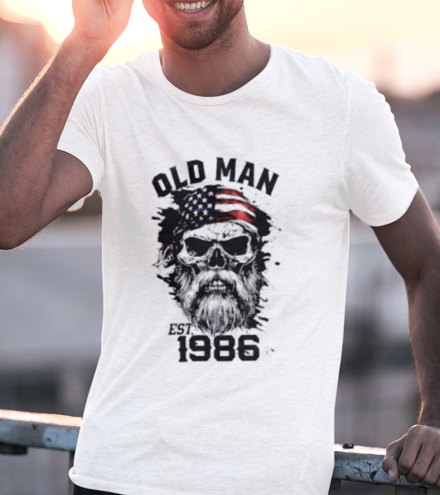 Old Man Est 1986 Skull American Flag Bandana T-Shirt