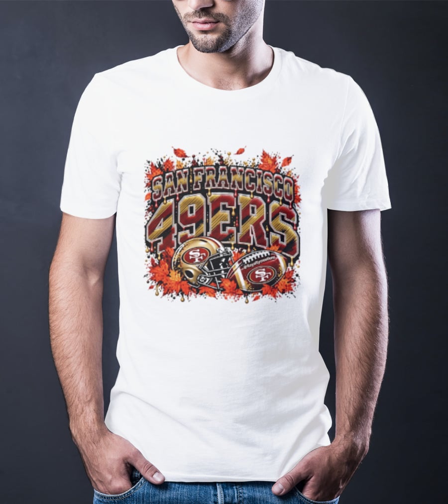 San Francisco 49ers Helmet And Football Autumn Leaves 2026 T-Shirt
