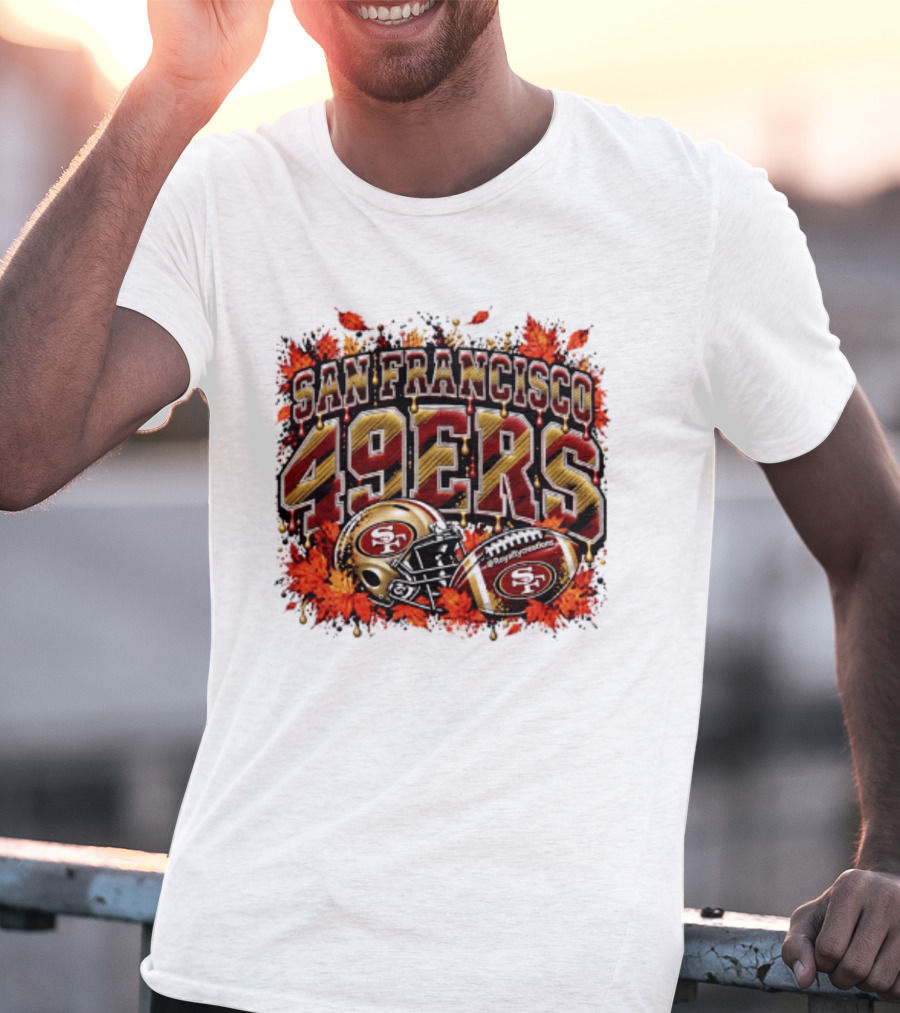 San Francisco 49ers Helmet And Football Autumn Leaves 2026 T-Shirt