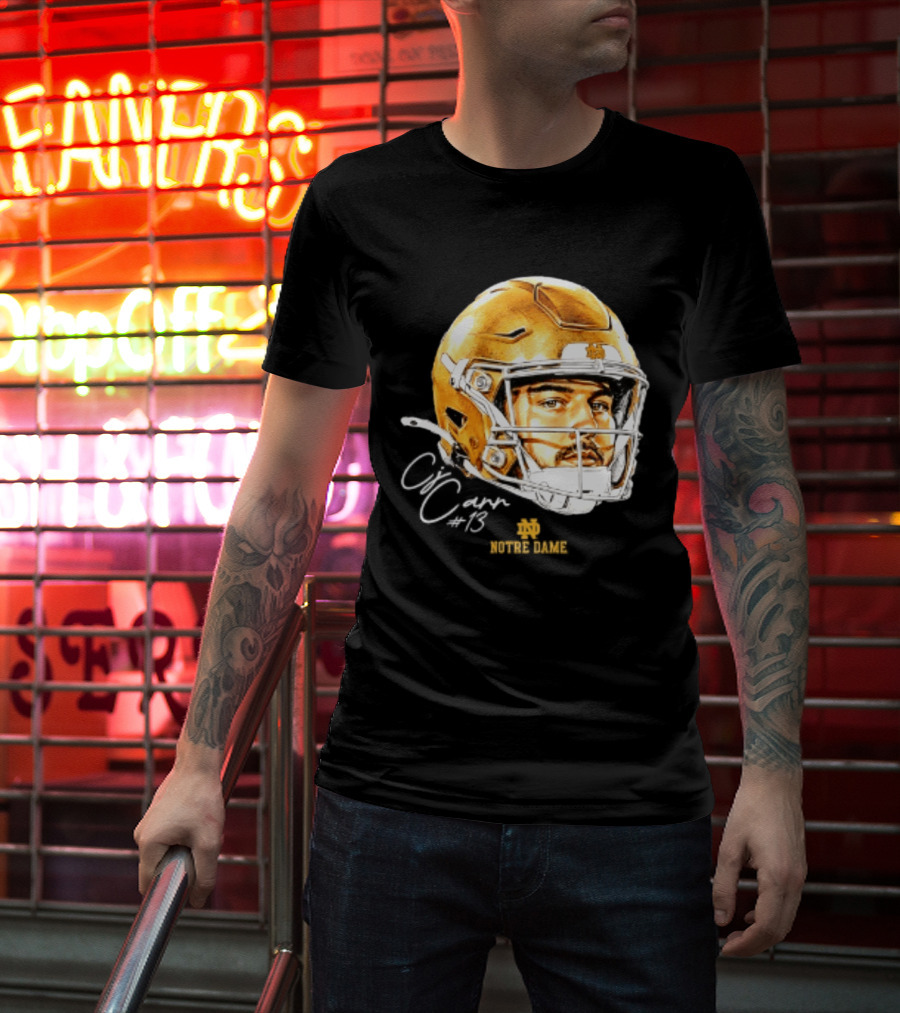 Notre Dame Football CJ Carr 13 NCAA Swag Helmet T-Shirt