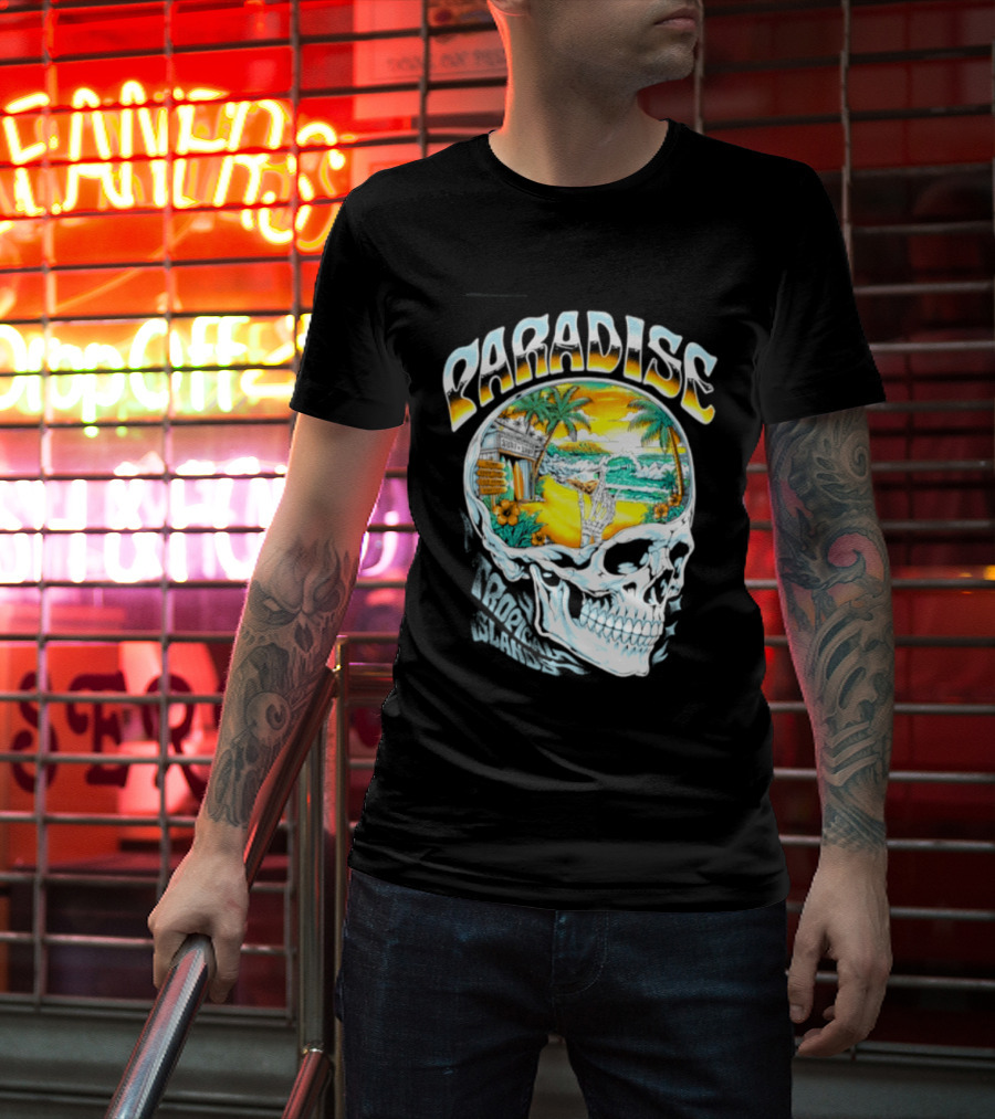 Paradise Tropical Island Skull Surf Shop Beach Scene T-Shirt