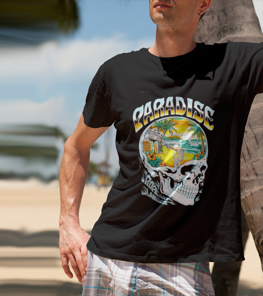 Paradise Tropical Island Skull Surf Shop Beach Scene T-Shirt