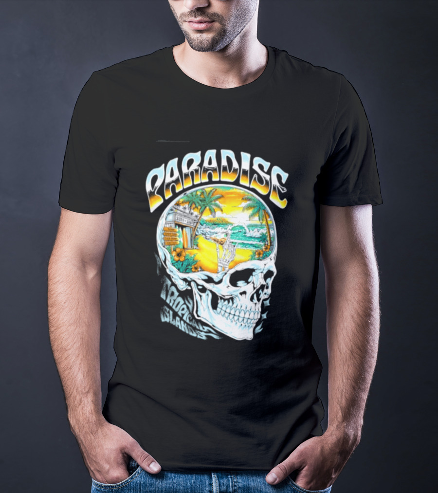 Paradise Tropical Island Skull Surf Shop Beach Scene T-Shirt