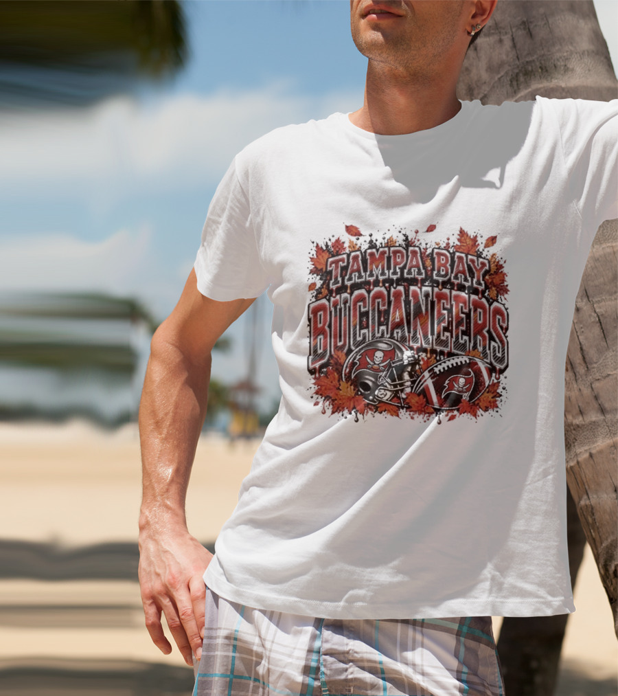 Tampa Bay Buccaneers Helmet And Football With Autumn Leaves Halloween 2026 T-Shirt