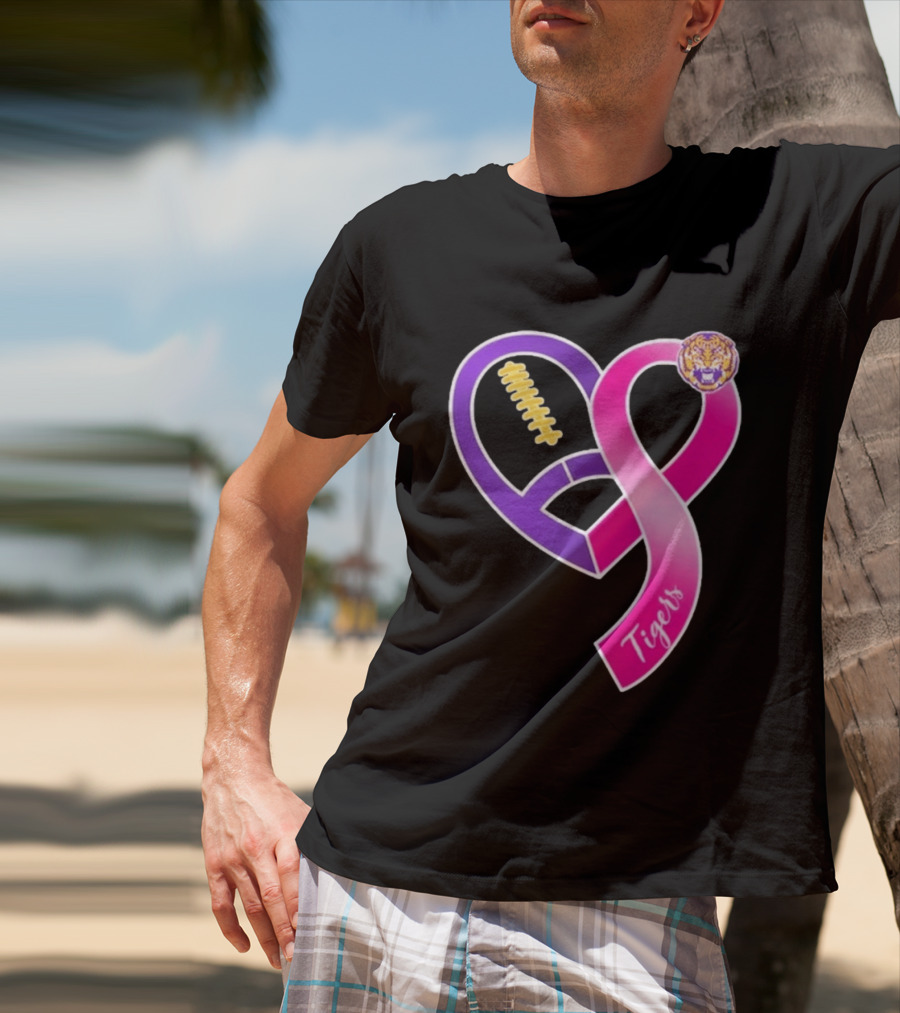 LSU Tigers Breast Cancer Awareness 2026 Heart Ribbon Football T-Shirt