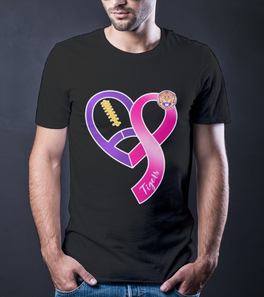 LSU Tigers Breast Cancer Awareness 2026 Heart Ribbon Football T-Shirt