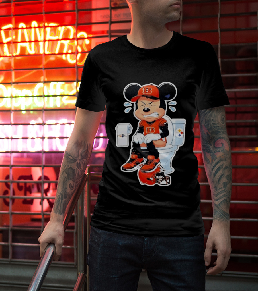 Mickey Cincinnati Bengals Mascot On Toilet Rival Baltimore Ravens Steelers Football Helmet T-Shirt
