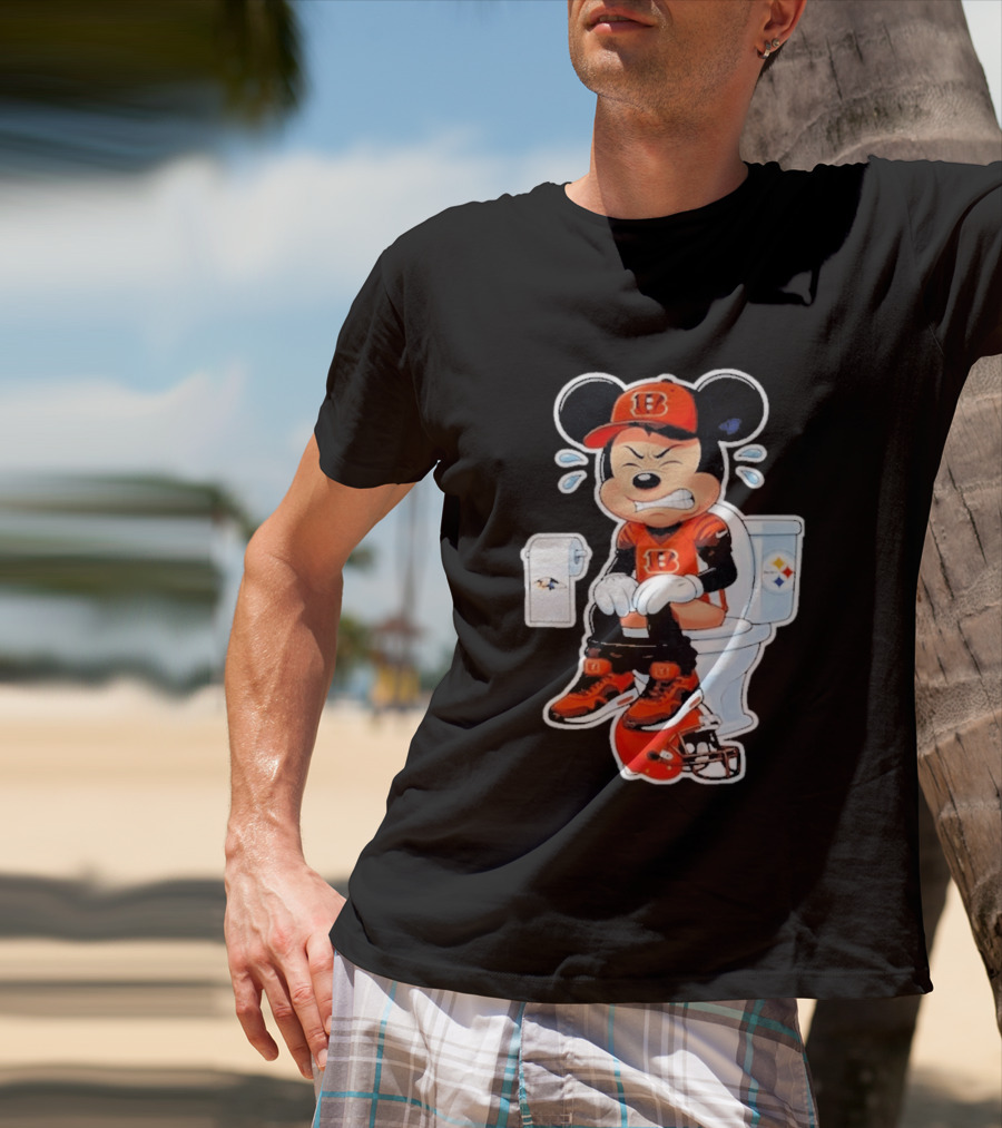 Mickey Cincinnati Bengals Mascot On Toilet Rival Baltimore Ravens Steelers Football Helmet T-Shirt