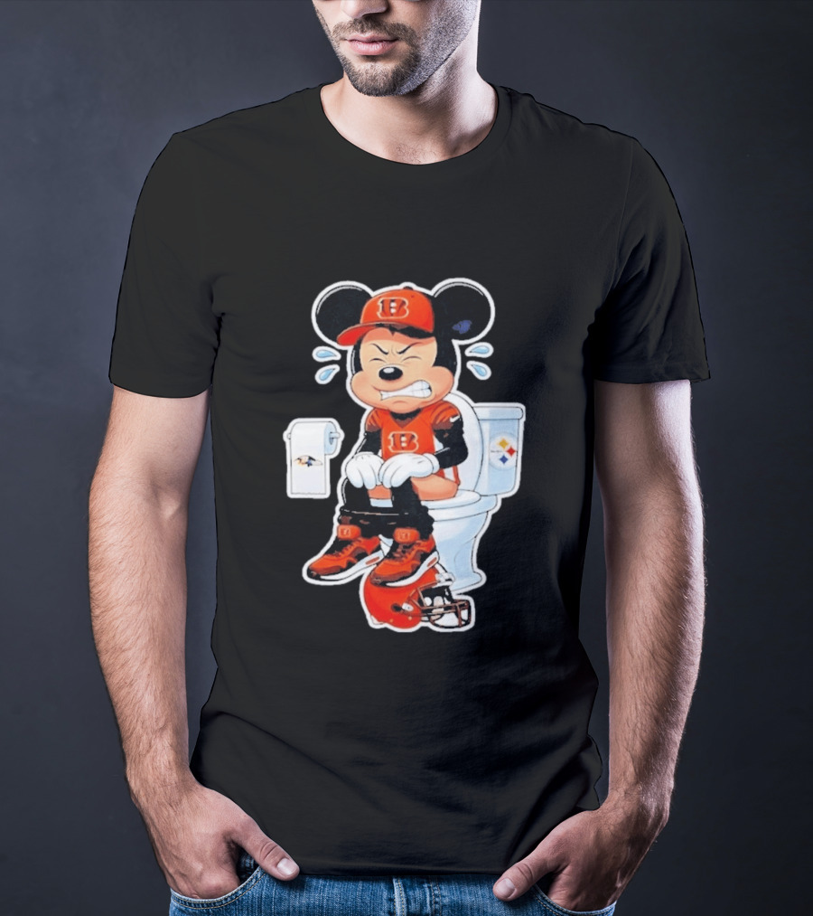 Mickey Cincinnati Bengals Mascot On Toilet Rival Baltimore Ravens Steelers Football Helmet T-Shirt
