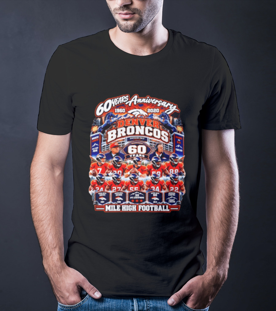 Denver Broncos 60 Years Anniversary 1960 2020 Mile High Football Champions Iconic Moments T-Shirt
