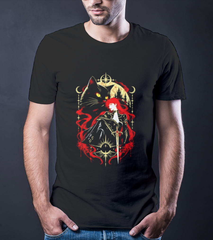 Gothic Red Haired Woman Black Cat Sword Magical T-Shirt