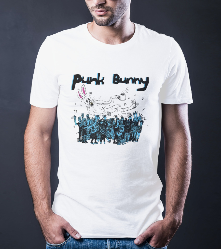 Punk Bunny Coffee Cup Crowd Green Day Style White T-Shirt