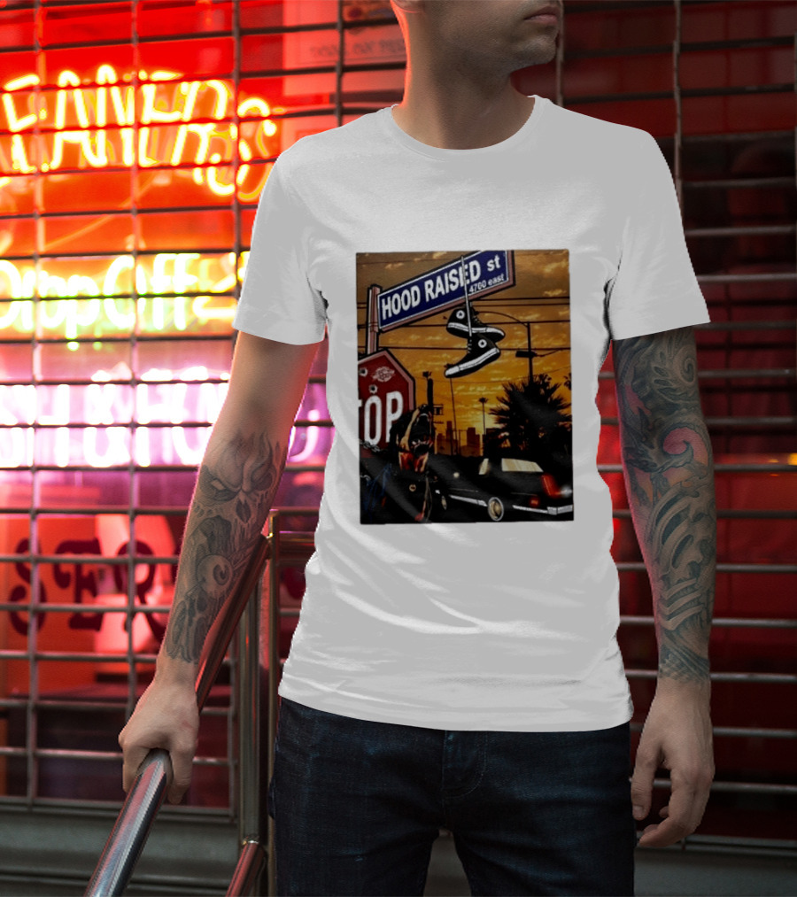 Hood Raised Street 4700 East Rottweiler Lowrider Sneakers And Sunset Urban Scene T-Shirt
