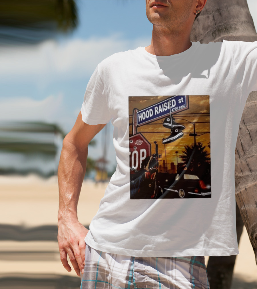 Hood Raised Street 4700 East Rottweiler Lowrider Sneakers And Sunset Urban Scene T-Shirt