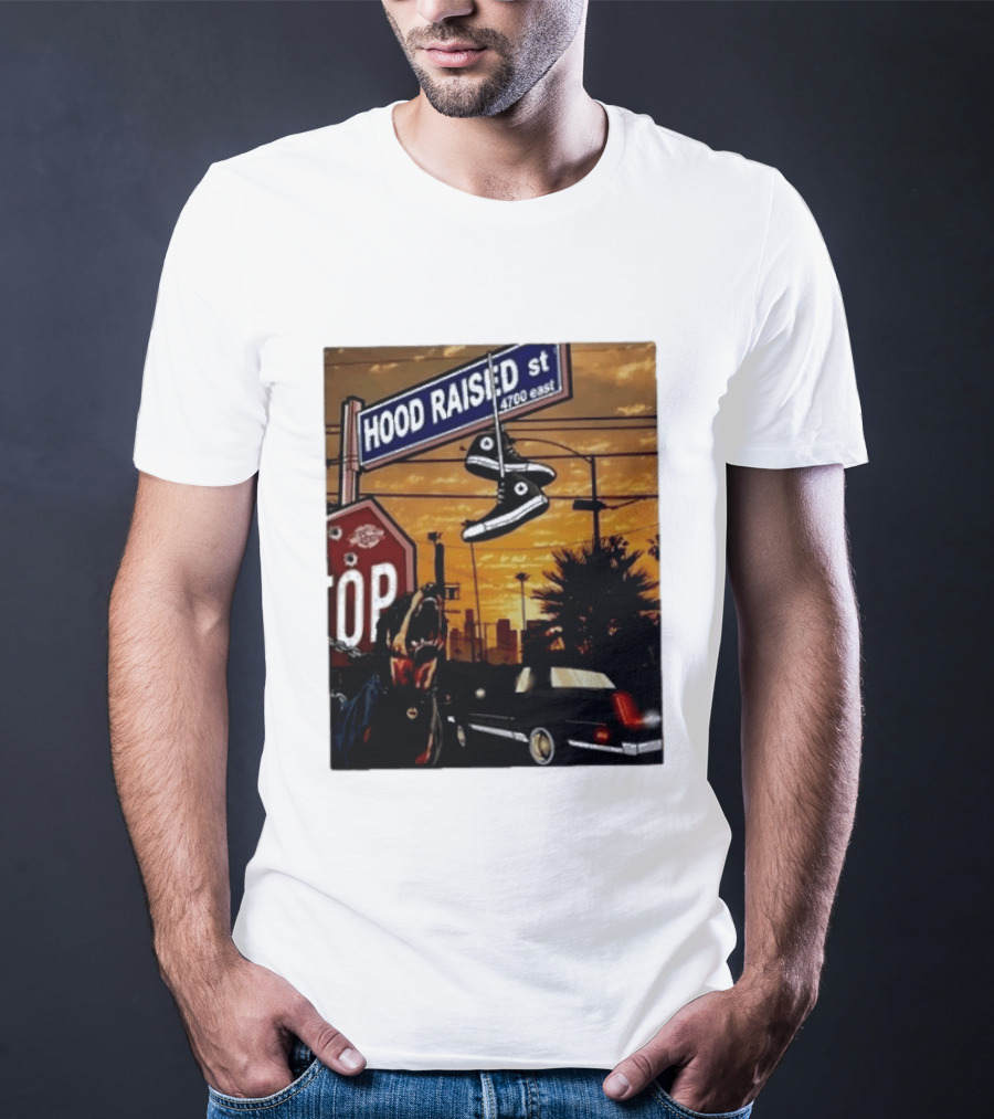 Hood Raised Street 4700 East Rottweiler Lowrider Sneakers And Sunset Urban Scene T-Shirt