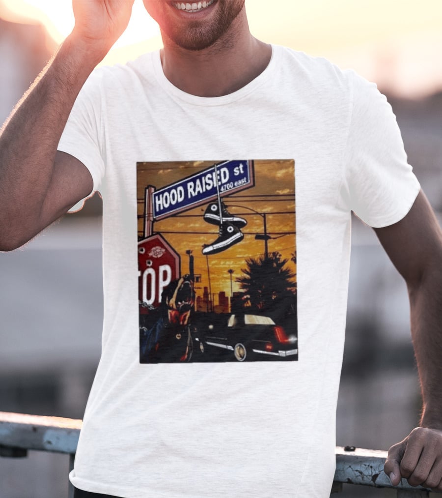 Hood Raised Street 4700 East Rottweiler Lowrider Sneakers And Sunset Urban Scene T-Shirt