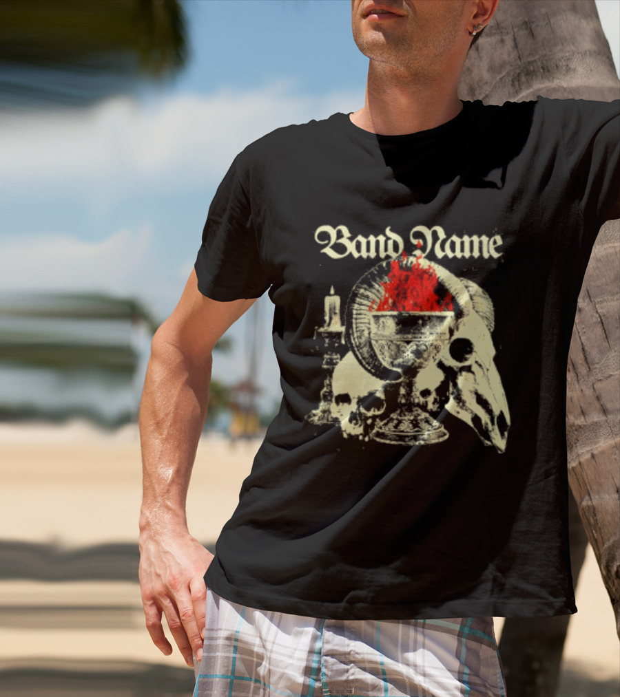Band Name Skull Chalice Candle Flames Heavy Metal T-Shirt