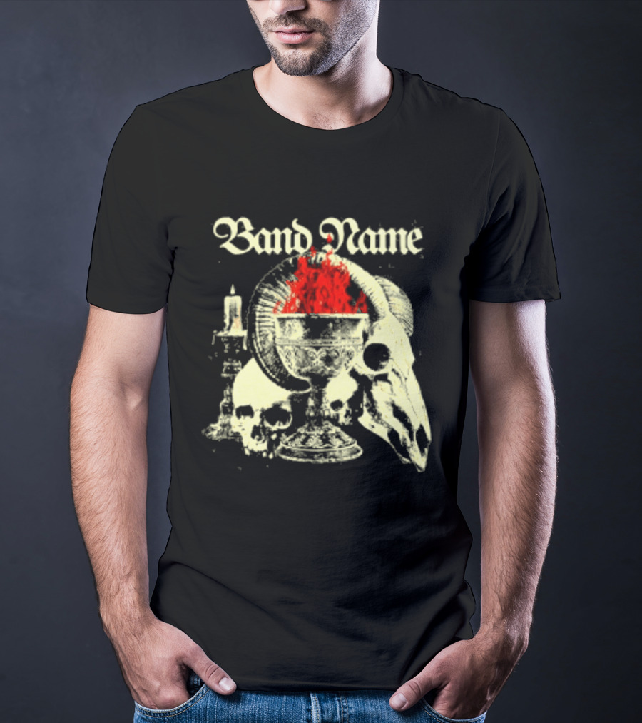 Band Name Skull Chalice Candle Flames Heavy Metal T-Shirt