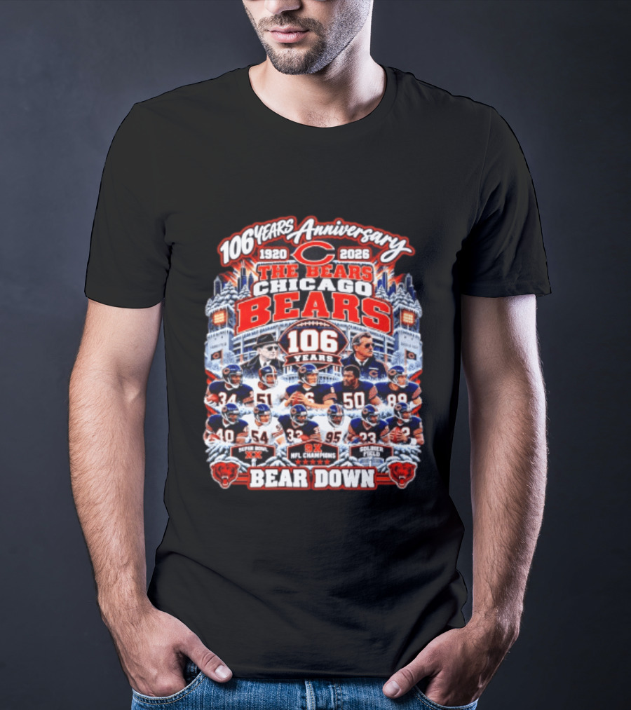 106 Years Anniversary 1920 2026 The Bears Chicago Bears 9x NFL Champions Soldier Field Bear Down T-Shirt