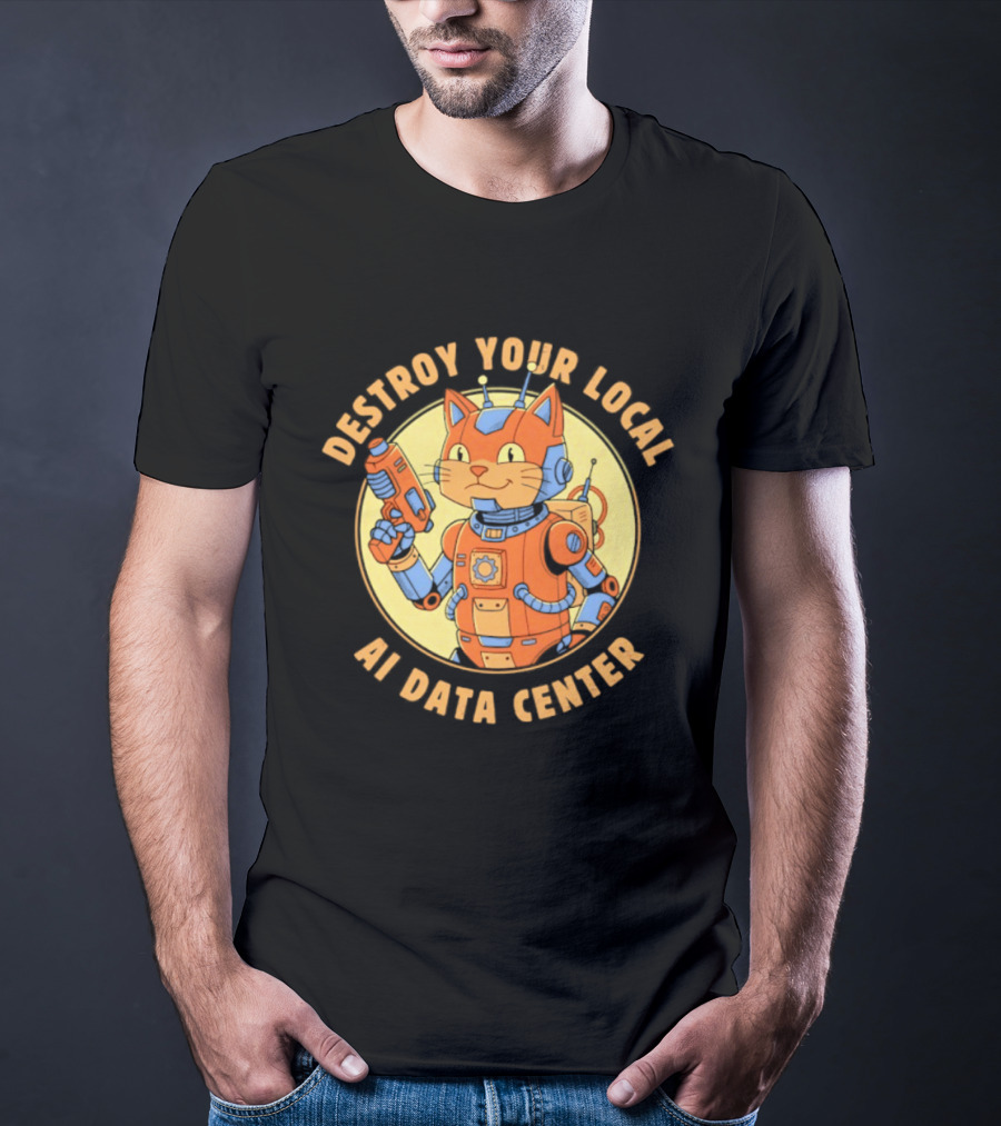 Destroy Your Local AI Data Center Robot Cat Retro Futuristic T-Shirt