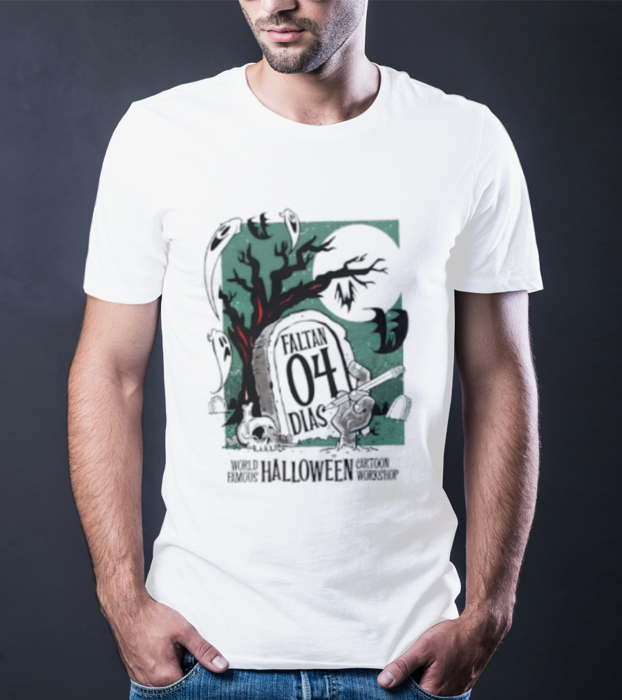 Faltan 04 Dias World Famous Halloween Cartoon Workshop Spooky Tree And Bats T-Shirt