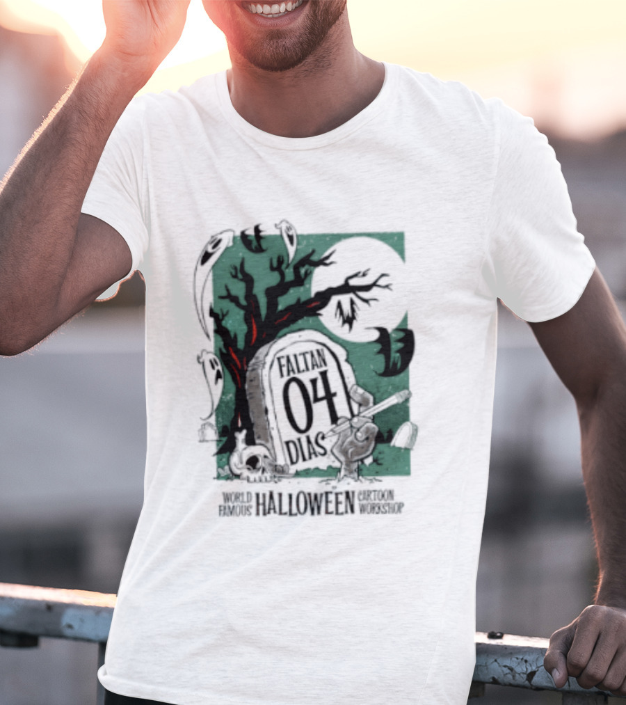 Faltan 04 Dias World Famous Halloween Cartoon Workshop Spooky Tree And Bats T-Shirt