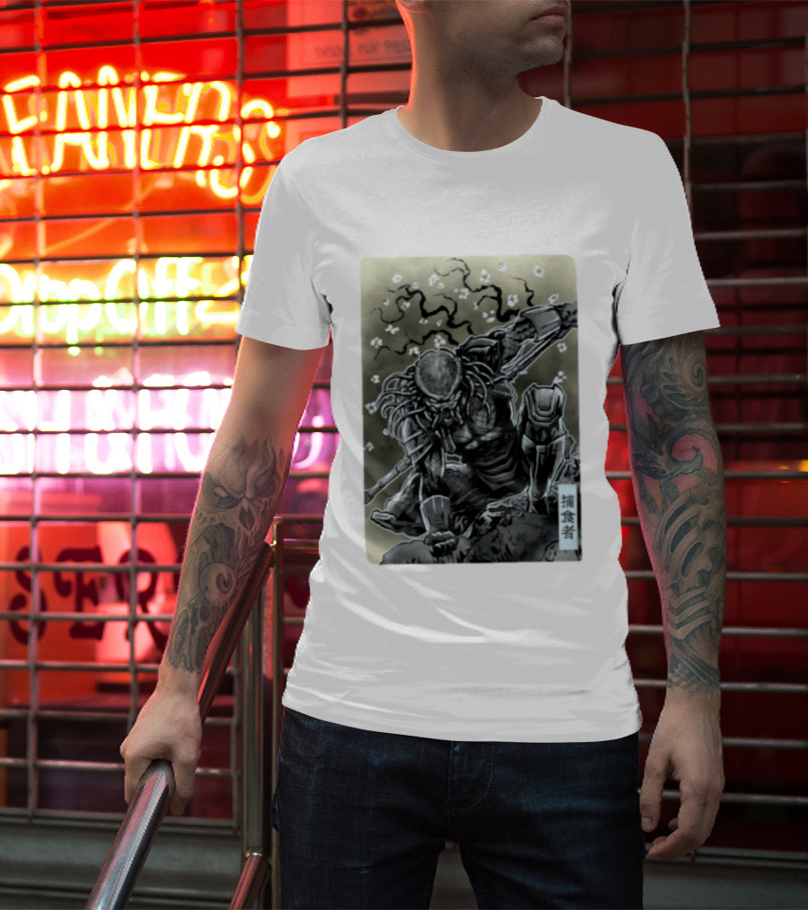 Yautja Samurai Mashup With Cherry Blossoms T-Shirt