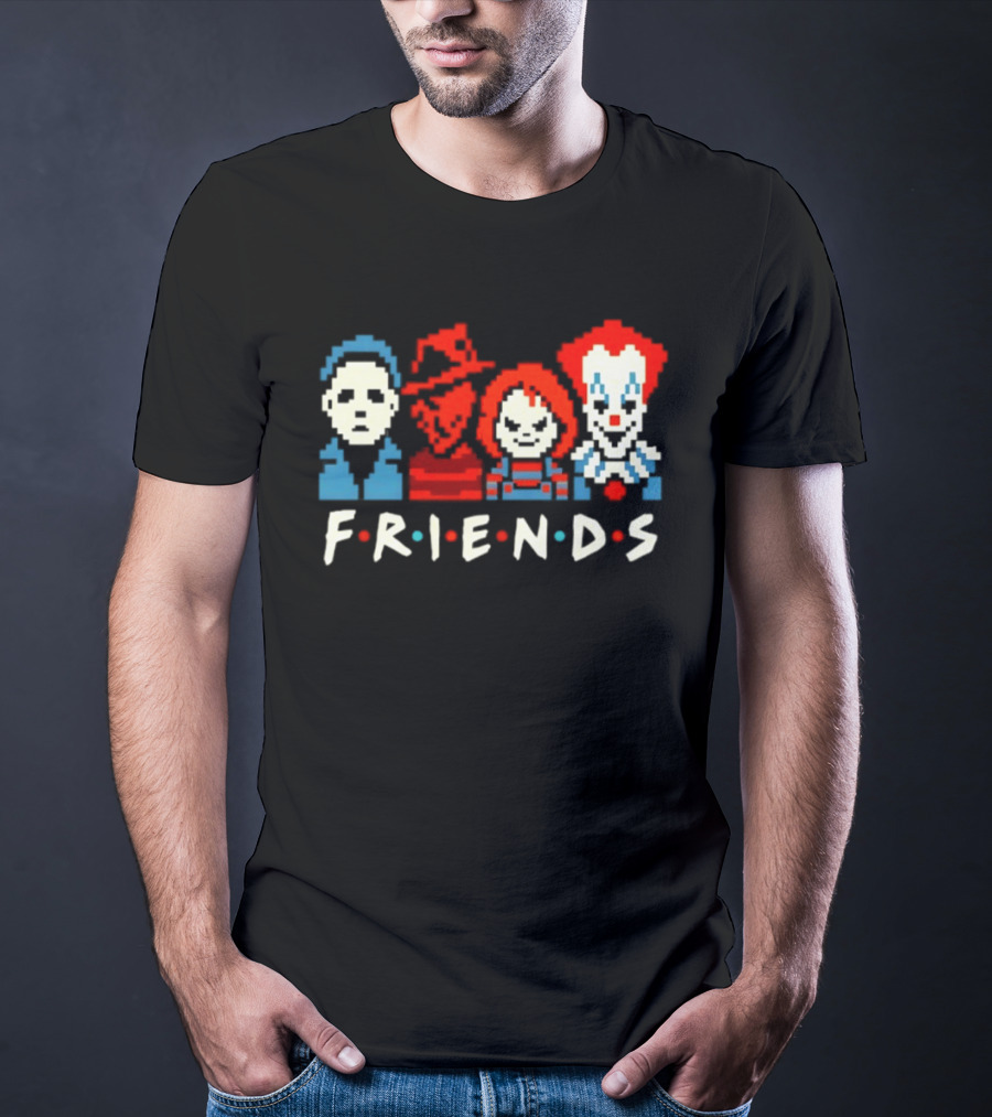 Friends Horror Movie Characters Pixel Art Michael Freddy Chucky Pennywise T-Shirt