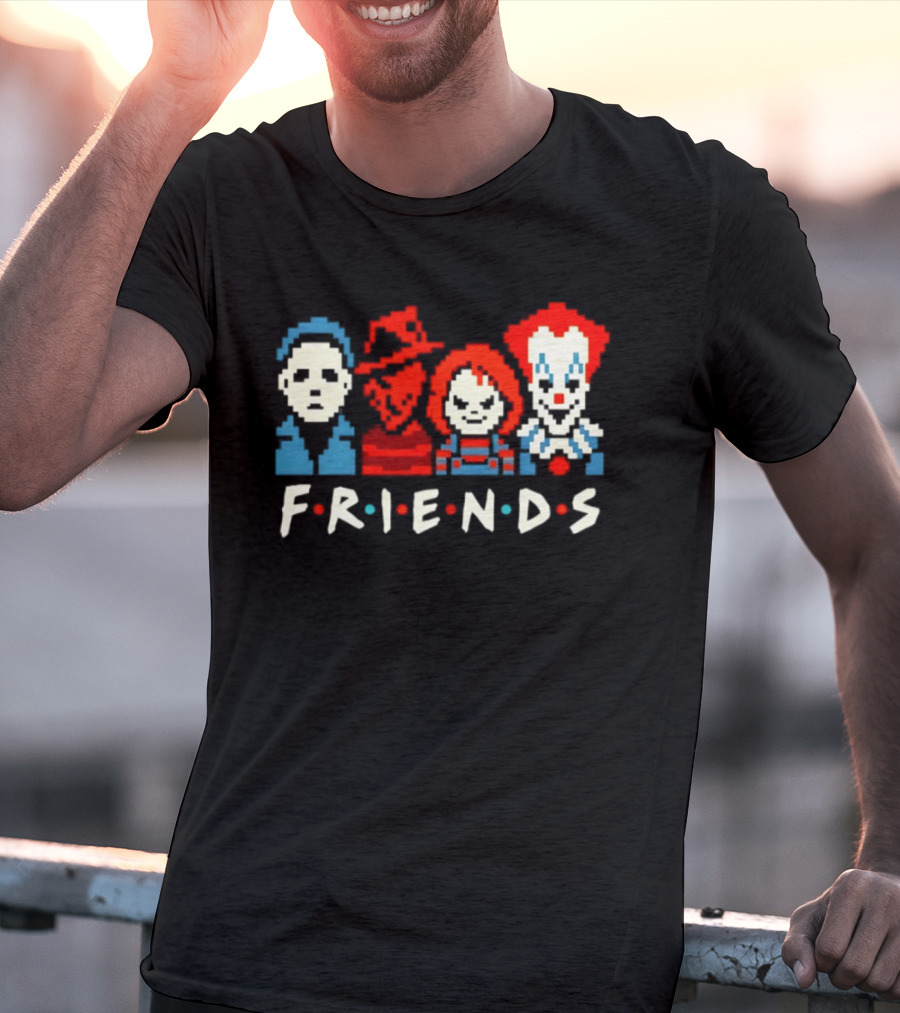 Friends Horror Movie Characters Pixel Art Michael Freddy Chucky Pennywise T-Shirt