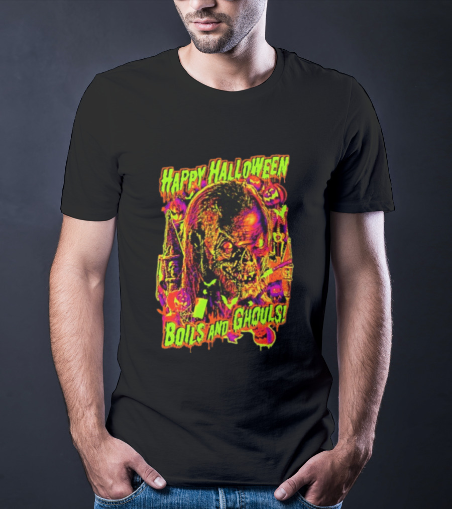 Happy Halloween Boils And Ghouls Horror Zombie Pumpkins Candles Spooky Scene T-Shirt