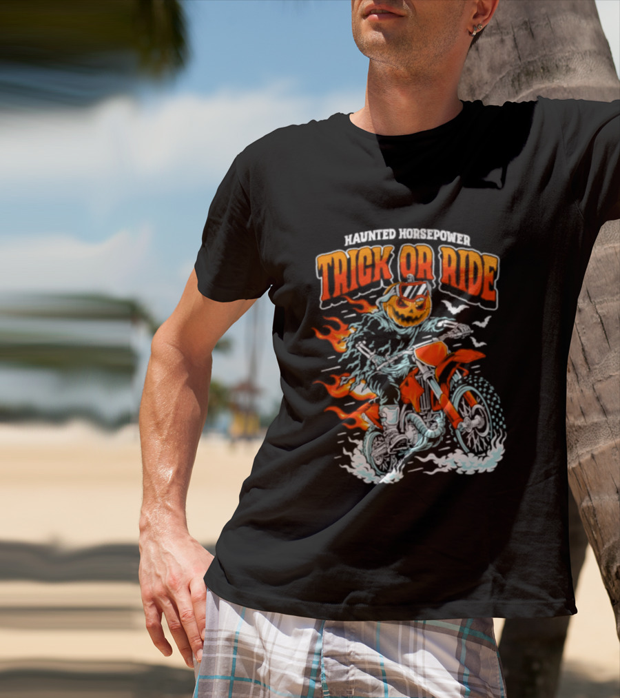 Haunted Horsepower Trick Or Ride Halloween Pumpkin Motorcycle Flames T-Shirt