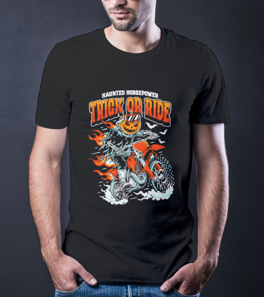 Haunted Horsepower Trick Or Ride Halloween Pumpkin Motorcycle Flames T-Shirt