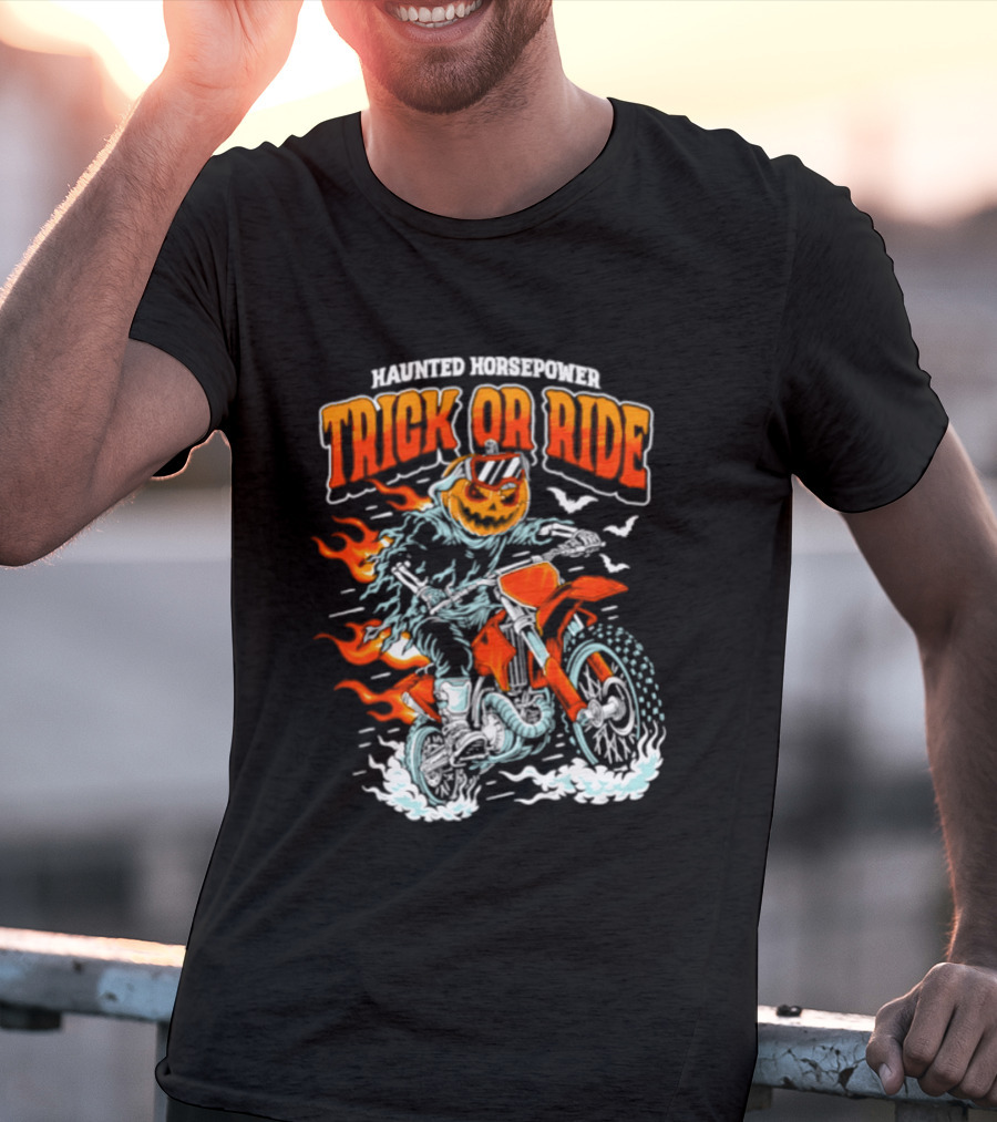 Haunted Horsepower Trick Or Ride Halloween Pumpkin Motorcycle Flames T-Shirt