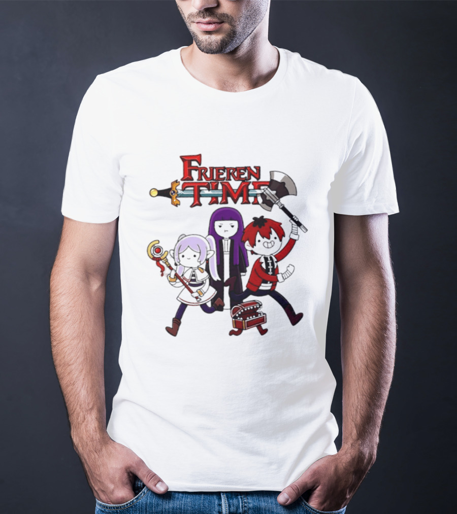 Frieren Time Adventure Time Anime Crossover Characters With Weapons And Staff T-Shirt