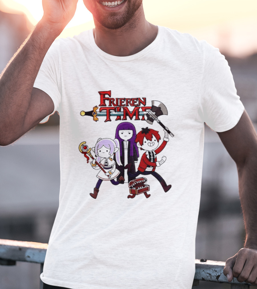 Frieren Time Adventure Time Anime Crossover Characters With Weapons And Staff T-Shirt