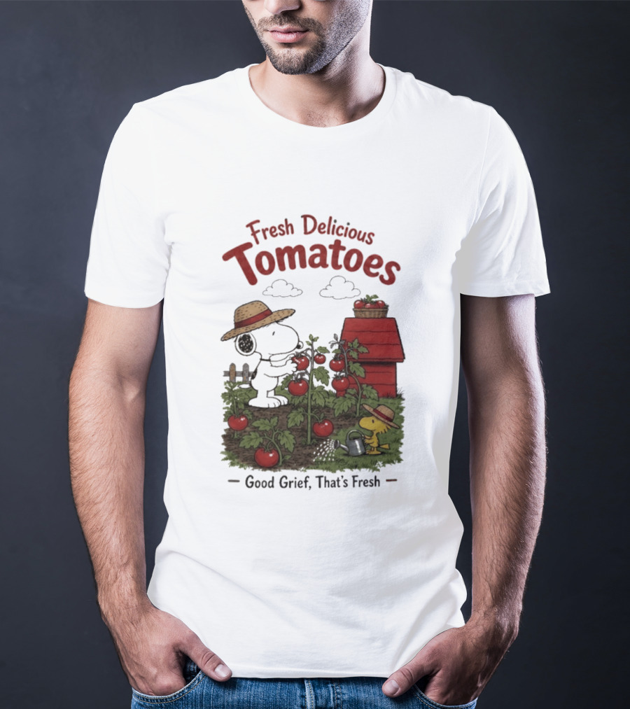 Snoopy Fresh Delicious Tomatoes Good Grief That's Fresh Garden Scene T-Shirt