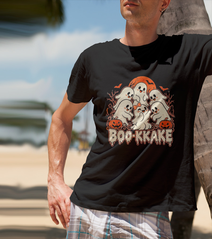 Boo Kkake Japanese Halloween Ghosts Pumpkins Bats Orange Moon T-Shirt