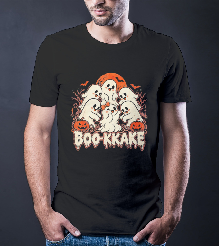 Boo Kkake Japanese Halloween Ghosts Pumpkins Bats Orange Moon T-Shirt