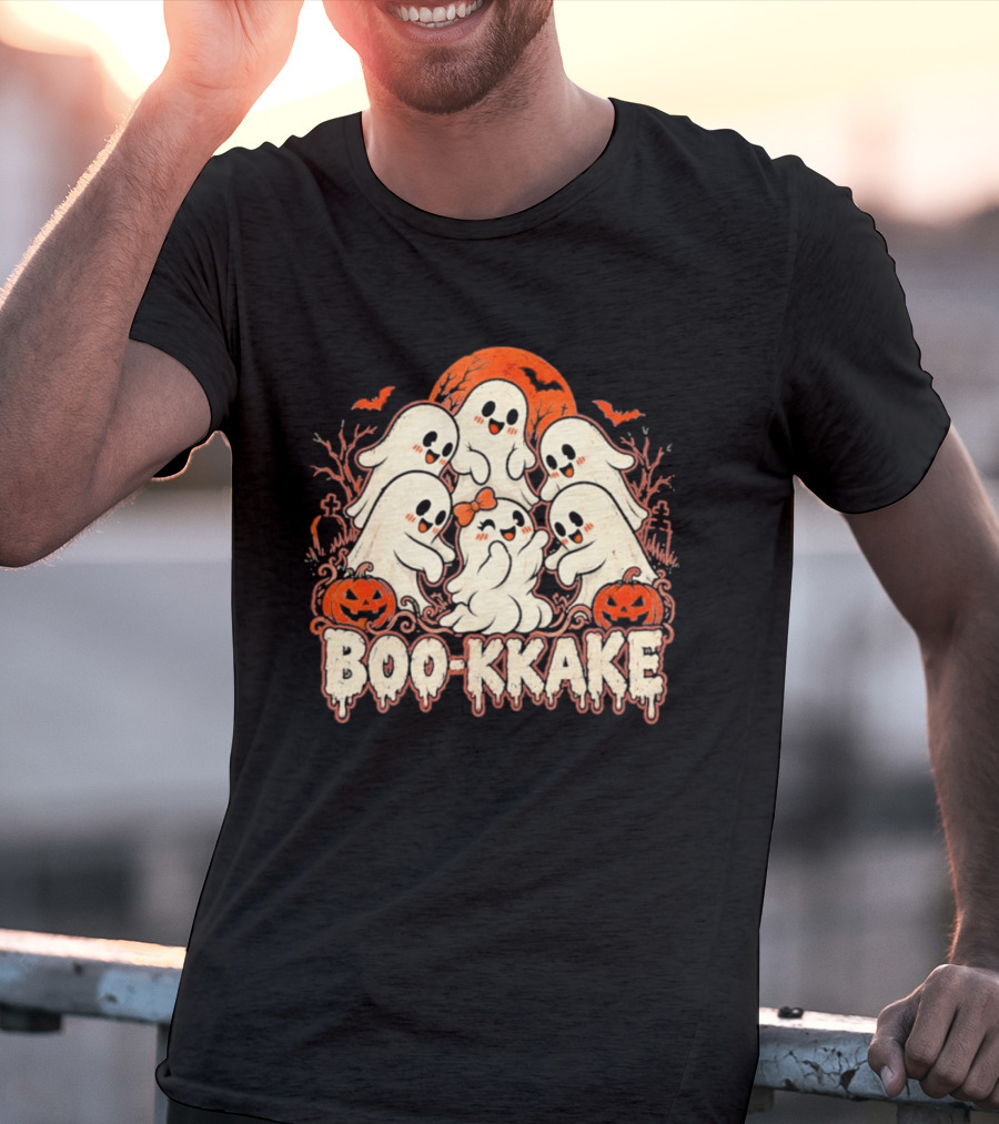 Boo Kkake Japanese Halloween Ghosts Pumpkins Bats Orange Moon T-Shirt
