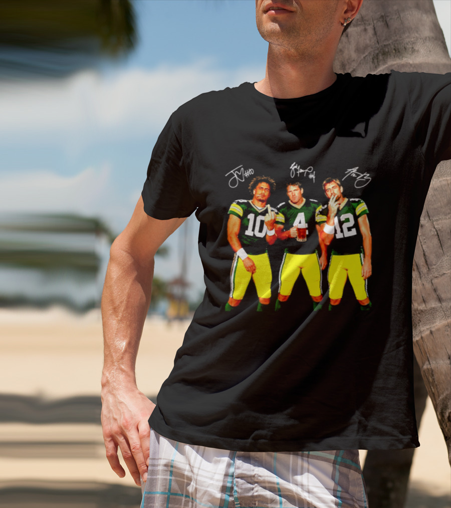Brett Favre Aaron Rodgers Jordan Love Green Bay Packers Middle Finger Beer Smoking Signatures T-Shirt