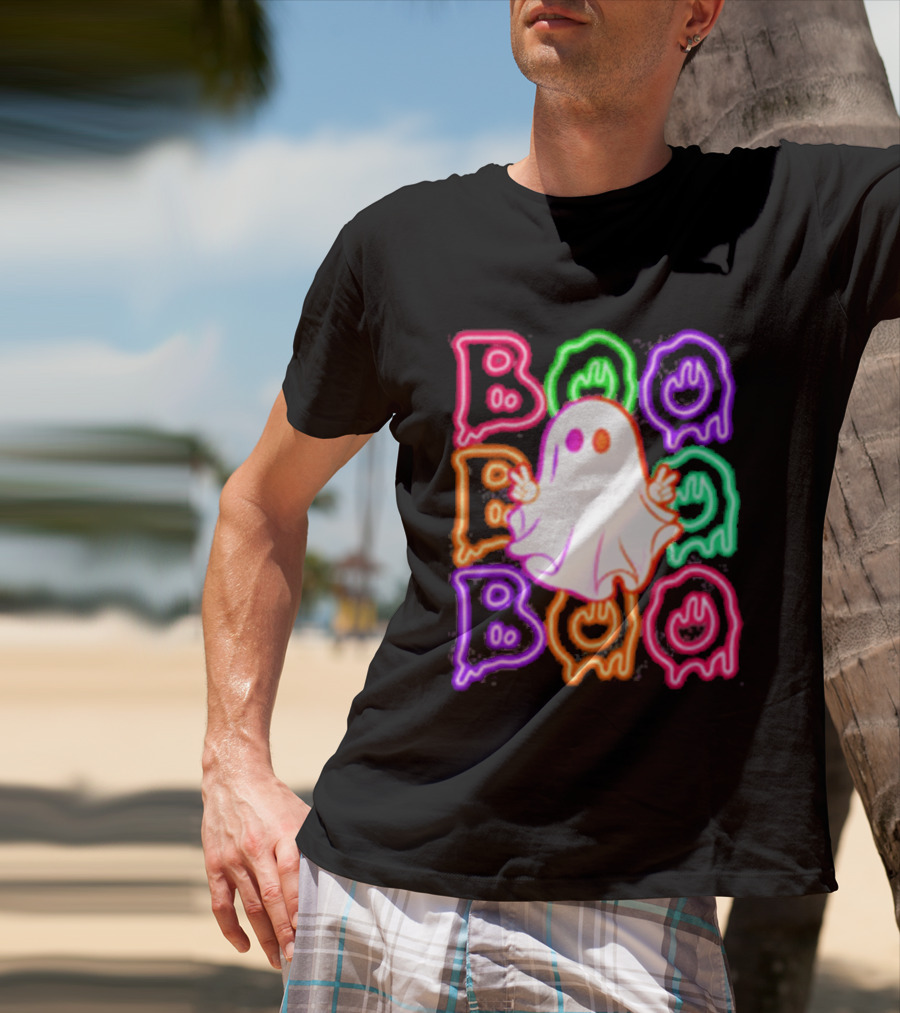 Ghost Boo Neon Halloween Spooky Bright T-Shirt