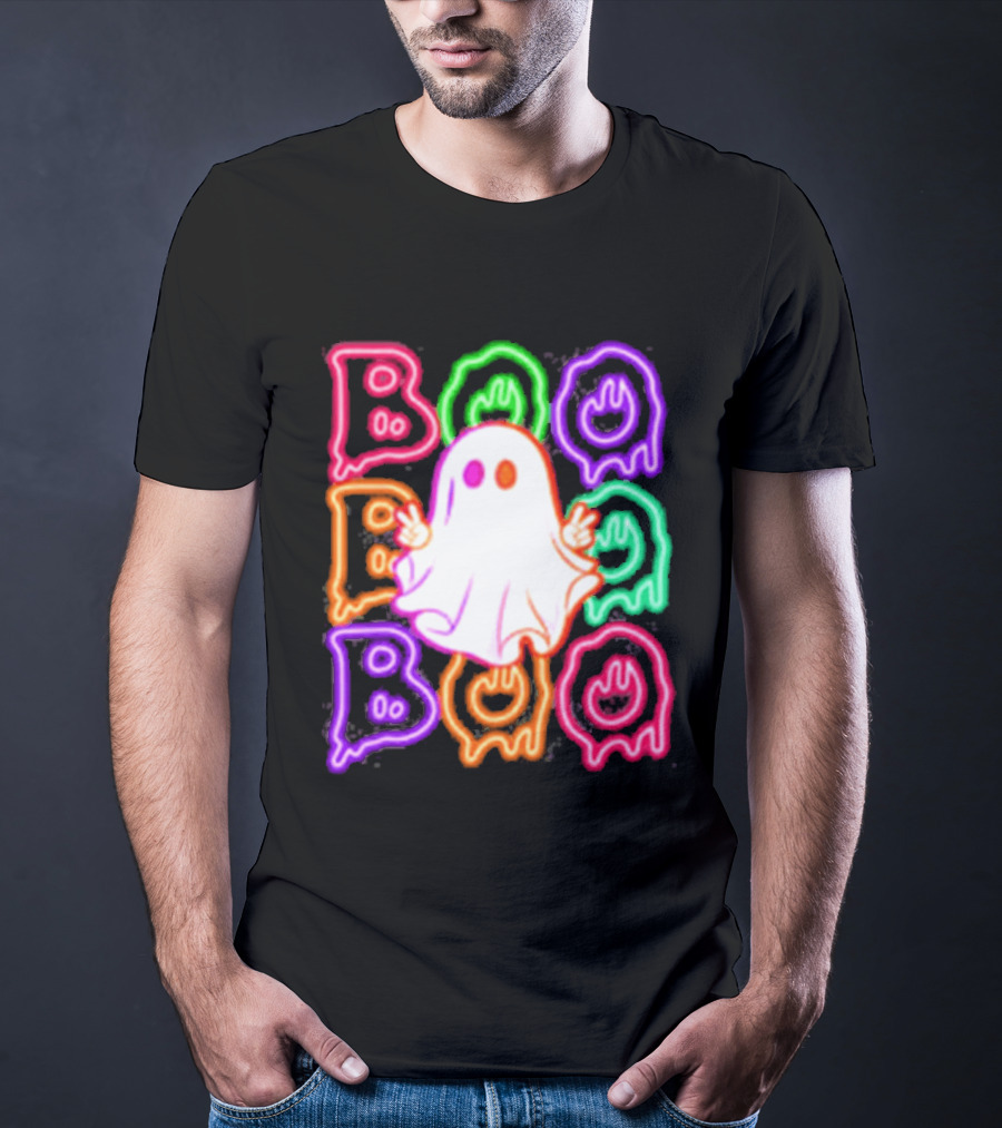 Ghost Boo Neon Halloween Spooky Bright T-Shirt