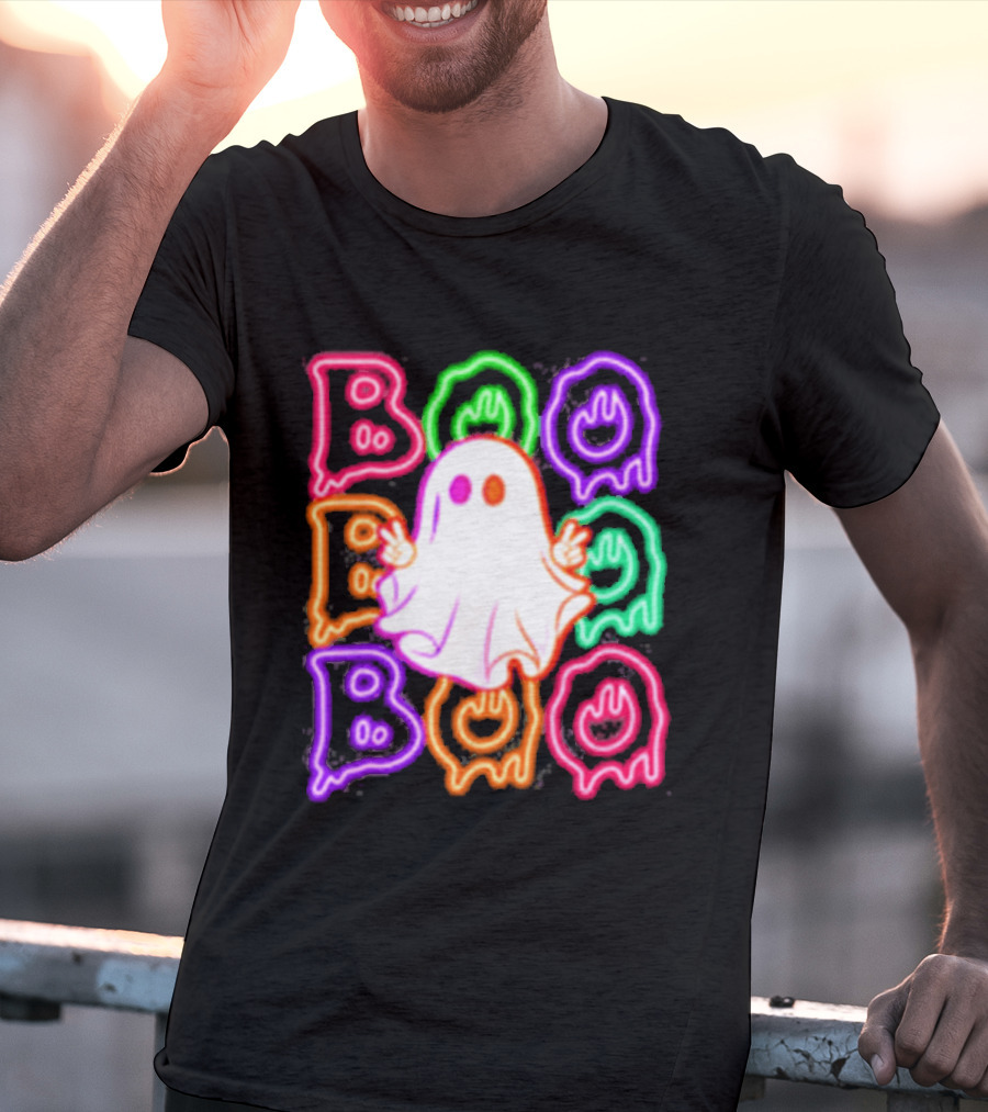 Ghost Boo Neon Halloween Spooky Bright T-Shirt