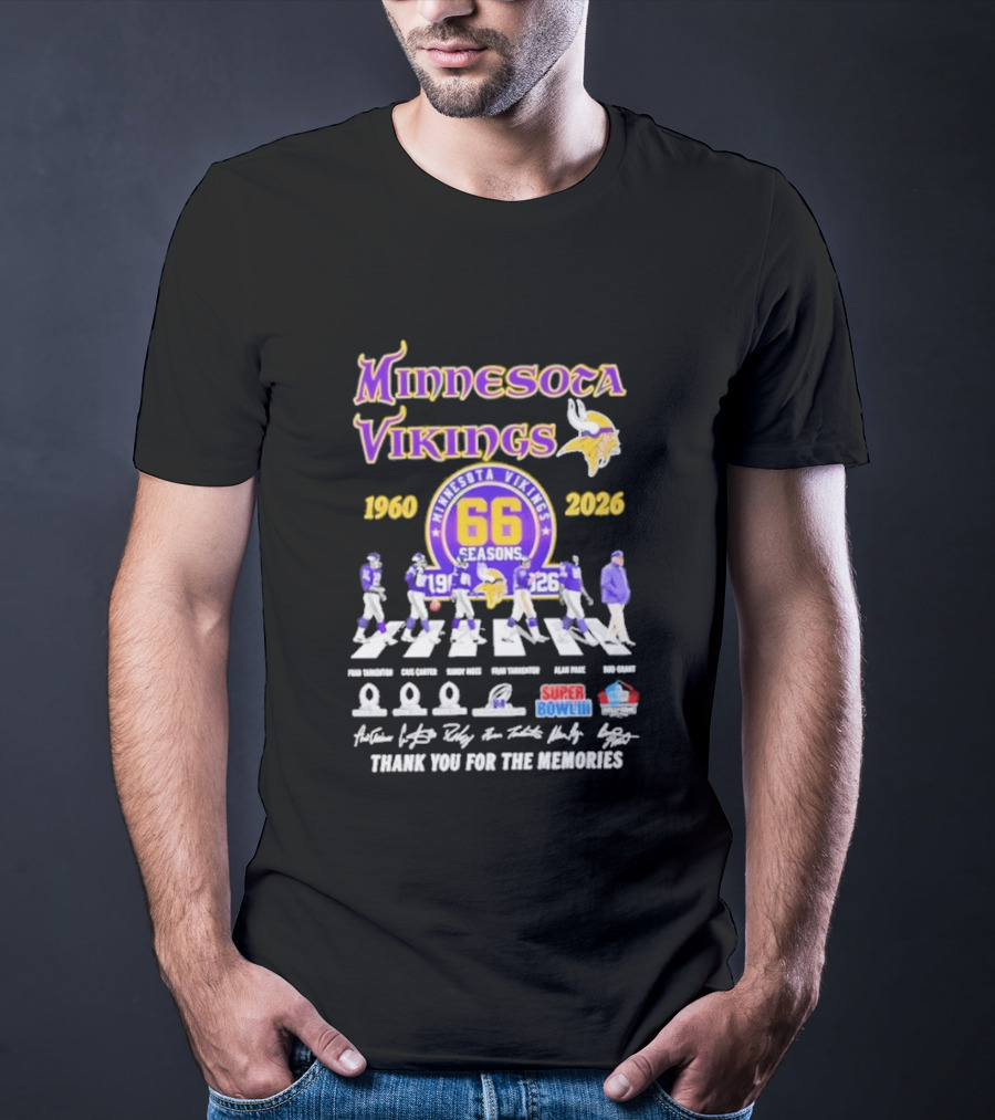 Minnesota Vikings 66 Seasons 1960 2026 Abbey Road Fran Tarkenton Cris Carter Randy Moss Alan Page Bud Grant Super Bowl Thank You For The Memories T-Shirt