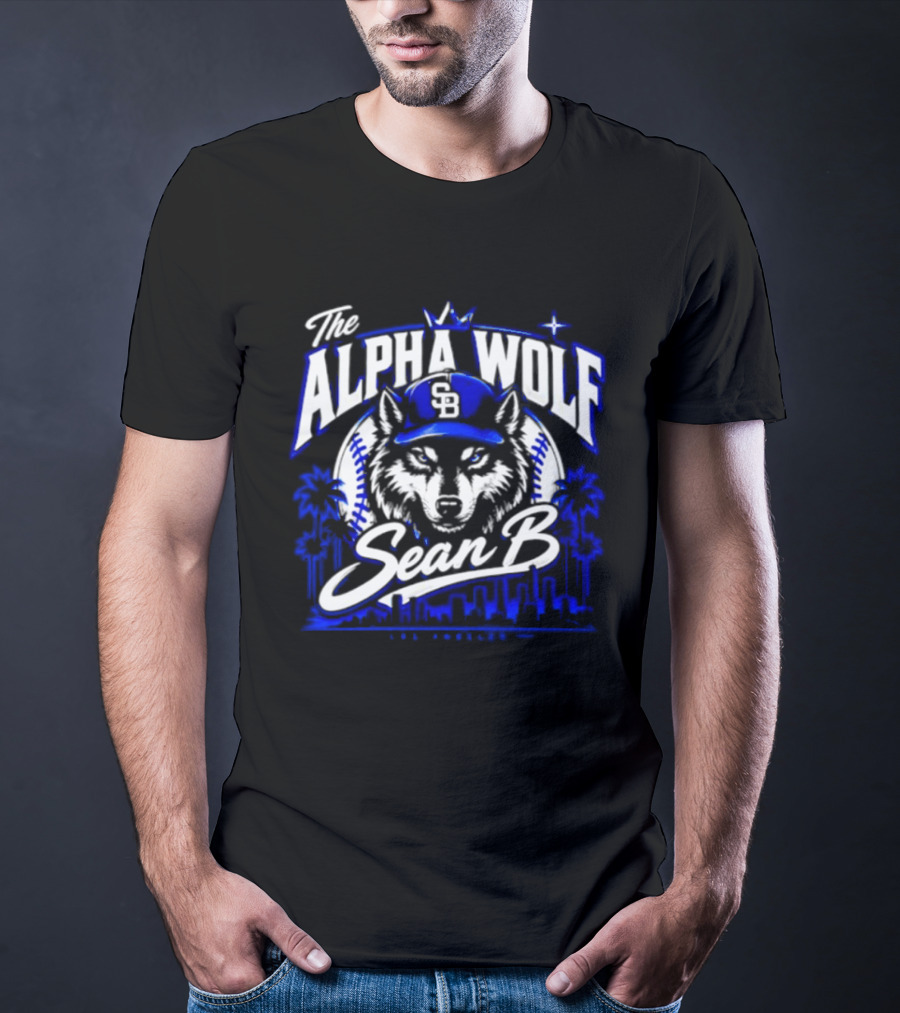 The Alpha Wolf Sean B LA Dodgers Skyline Wolf Baseball Cap Stars Palms T-Shirt