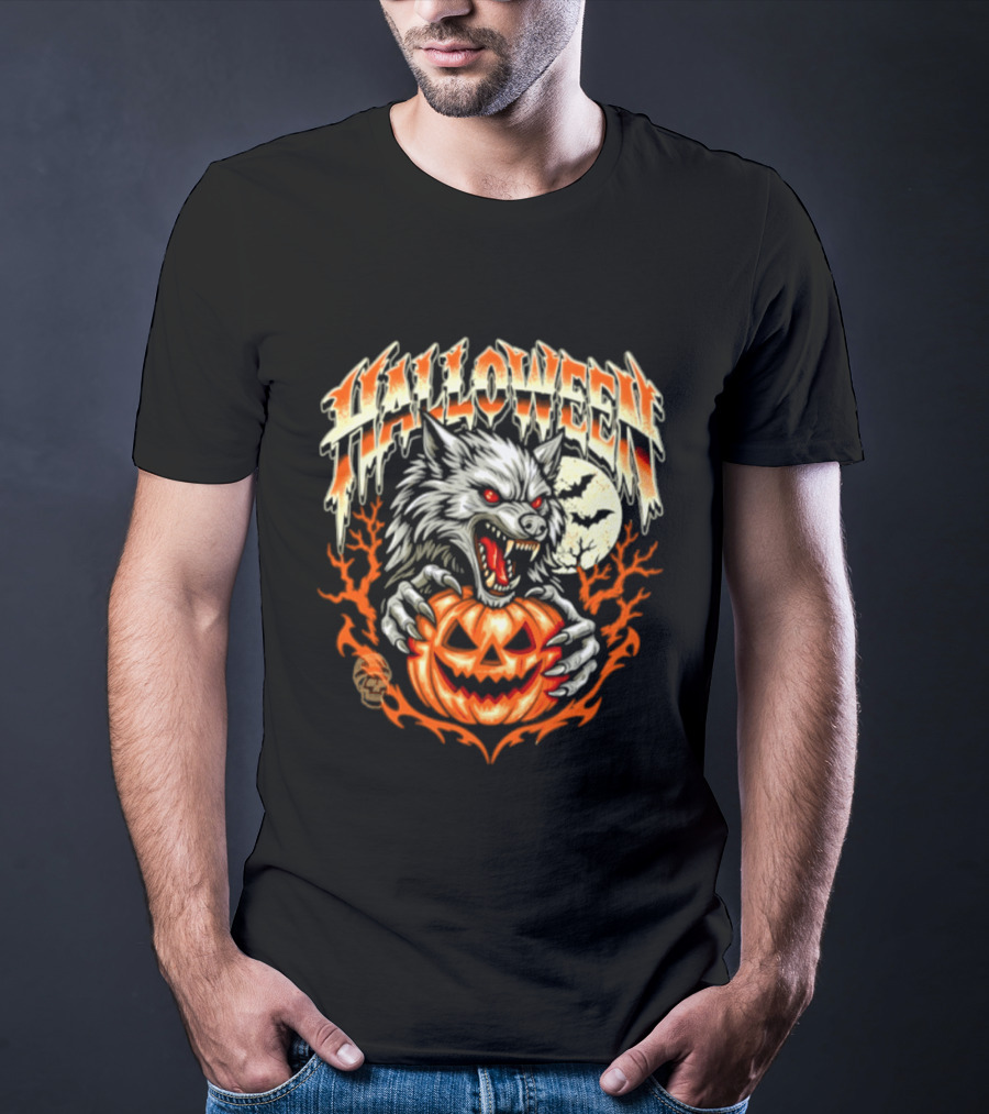Halloween Werewolf With Jack O' Lantern And Full Moon T-Shirt