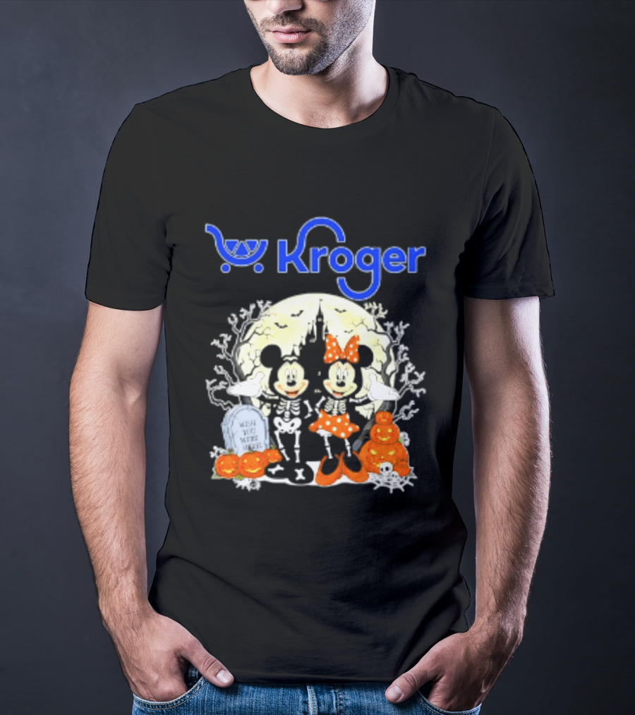 Kroger Mickey And Minnie Mouse Skeleton Halloween Pumpkins And Gravestone T-Shirt